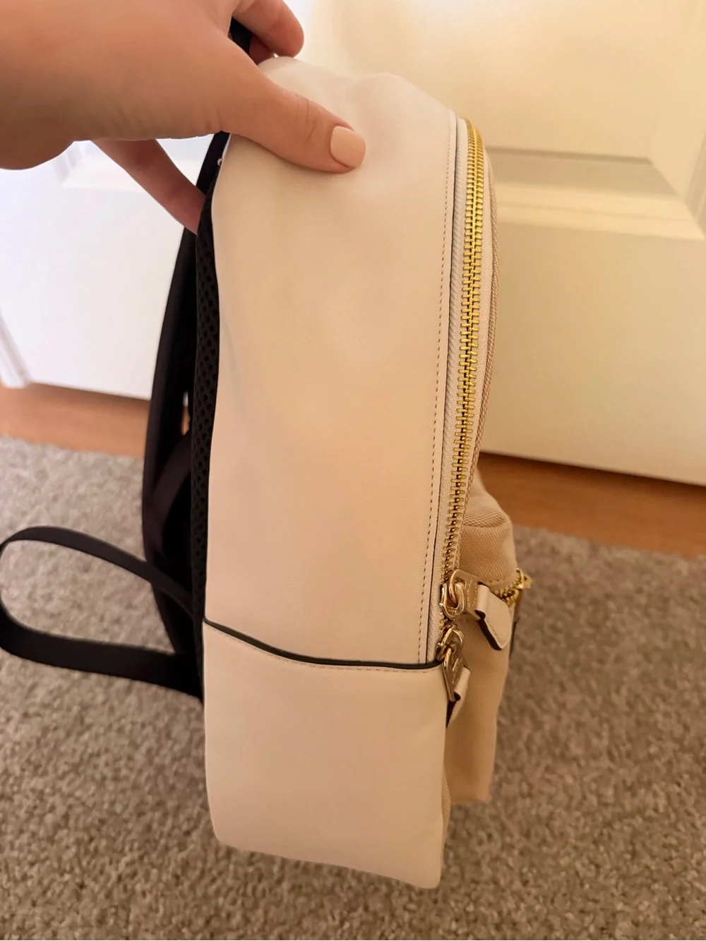 Coach Beige Canvas Backpack with Pink Stripe Accents